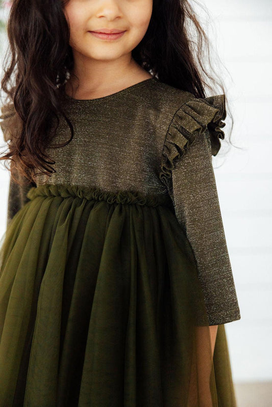Olive Shimmer 3/4 Sleeve Tutu Dress