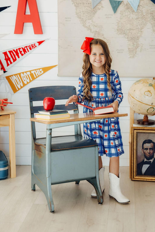 Plaid Apples L/S Pocket Twirl Dress
