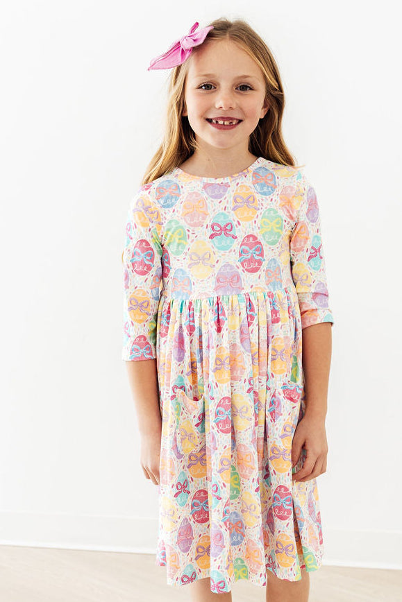 Egg-stra Cute 3/4 Sleeve Pocket Twirl Dress
