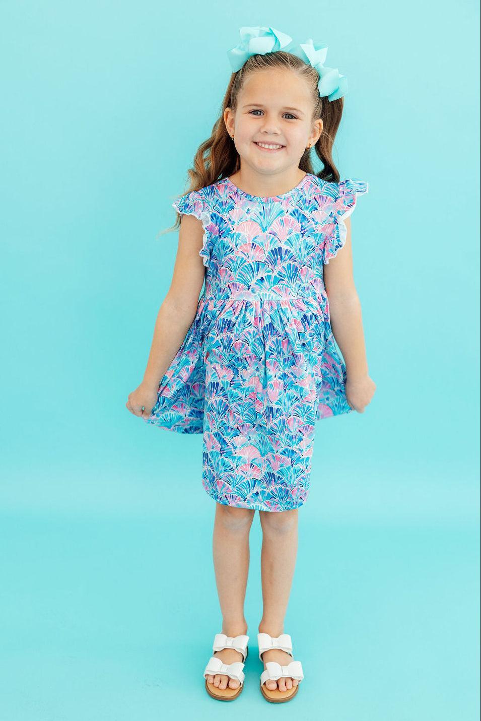Seaside Shells Flutter Sleeve Twirl Dress